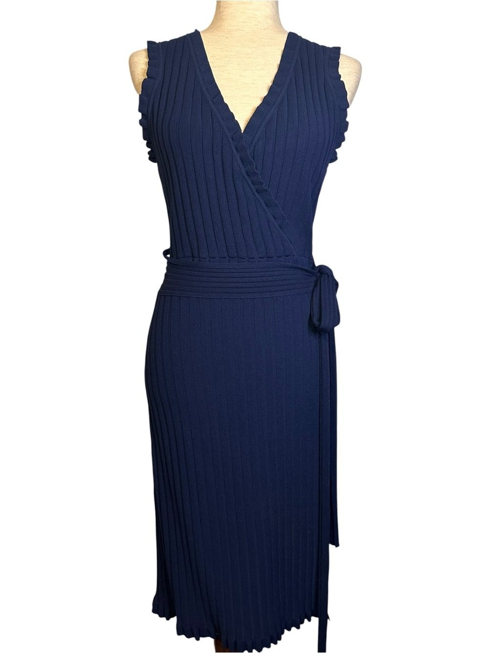 Milly Rib Knit Wrap Dress Ruffle Trim Tie Waist Career Preppy Coastal Size M